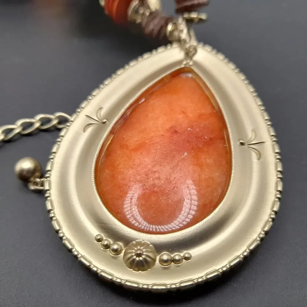 Chico's Beaded Gemstone Pendant Necklace, Leather Cord, 21 1/2